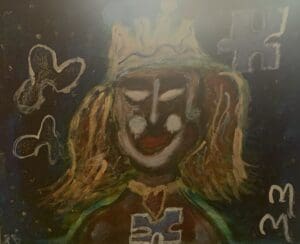 A painting of a person with long hair and a crown.