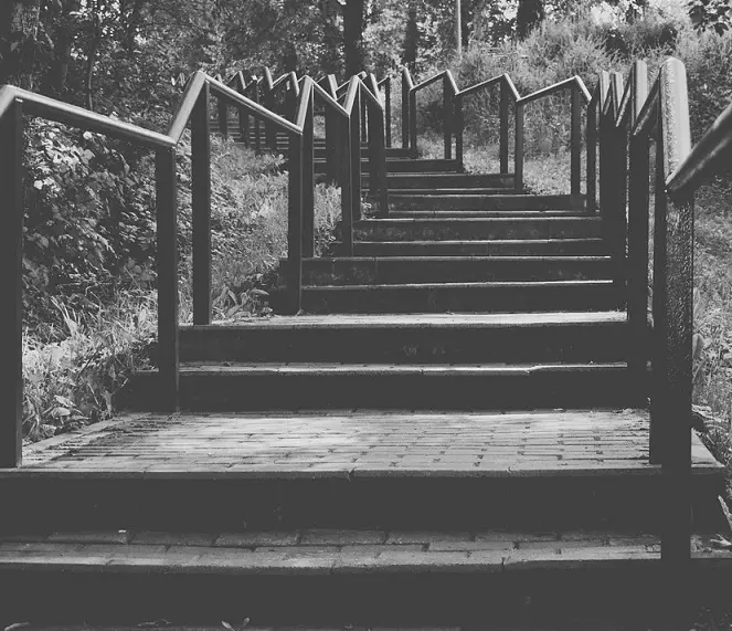 A black and white photo of some stairs