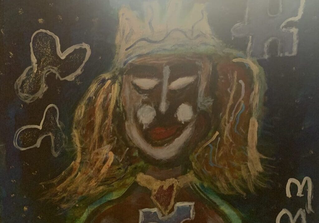 A painting of a person with long hair and a crown.